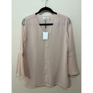 NWT Calvin Klein Top  Sz S Blush Pink Pearl Embellished V Neck Bell Slv Flowy